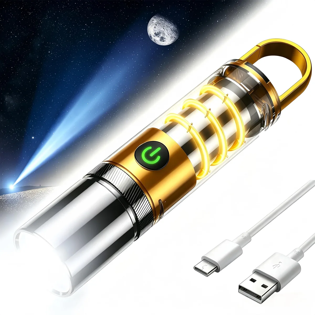 Small black aluminium flashlight with USB port and hook loop, 6.2 inches long, 1.2 inches wide