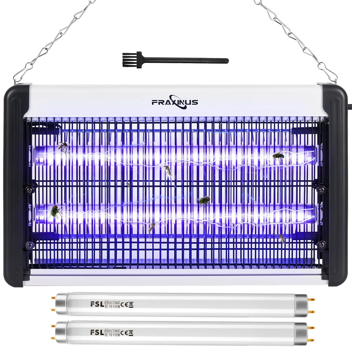 Black rectangular electric insect killer with UV lamp and protective mesh screen, 15.74 by 2.83 by 9.33 inches, matte textured finish