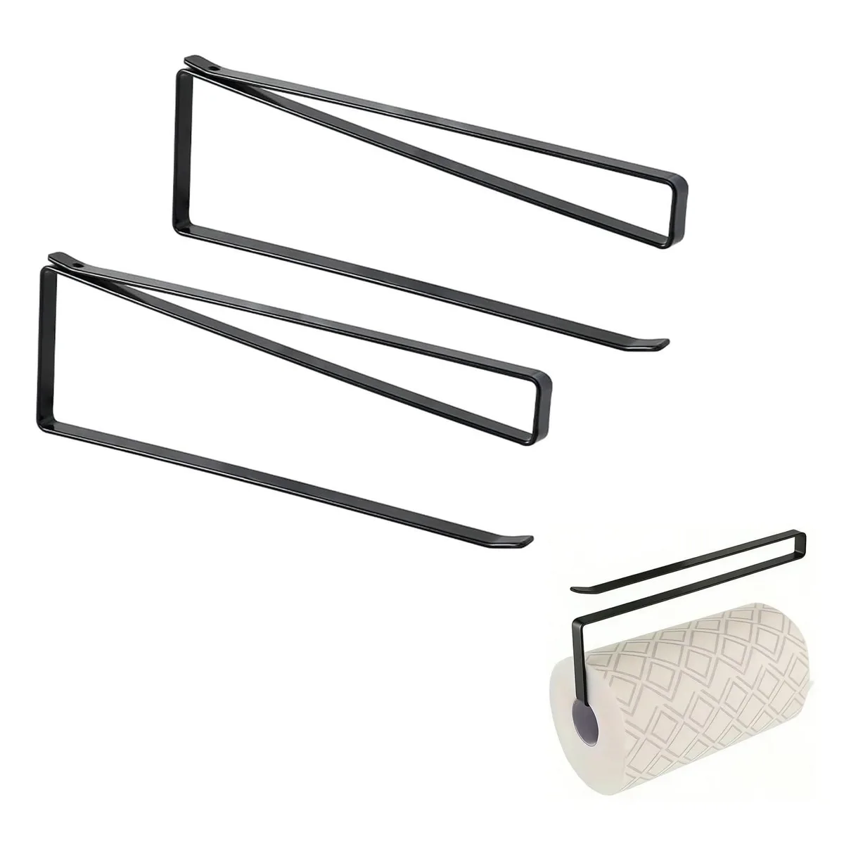 Two white under-cabinet toilet paper holders with adhesive mounts