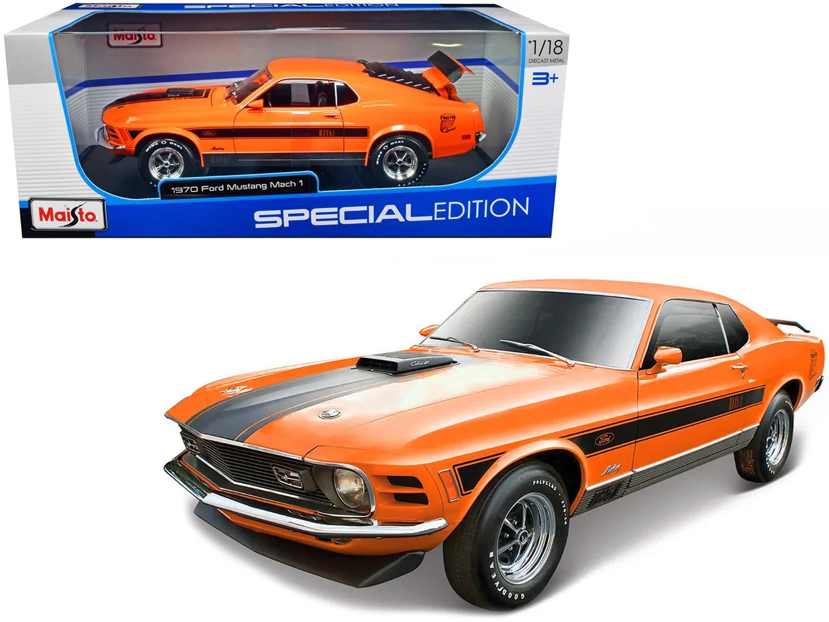 Maisto Maisto 1970 Ford Mustang Mach 1 428 Twister Special Orange Black Stripes 1/18 Diecast — product photo