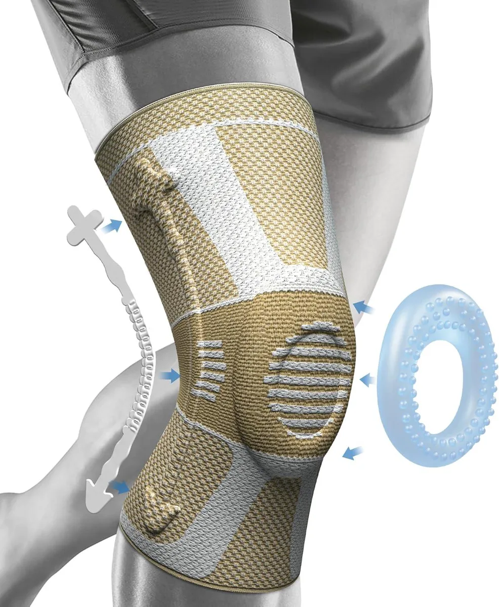 Knee compression sleeve with gel patella pad and metal spring side stabilisers, horizontal knit fabric