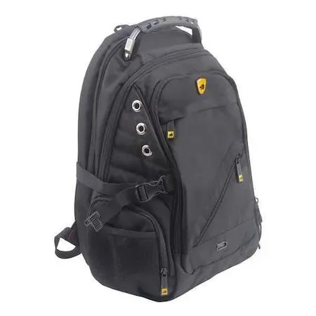 Black nylon tactical backpack with multiple compartments and mesh panels