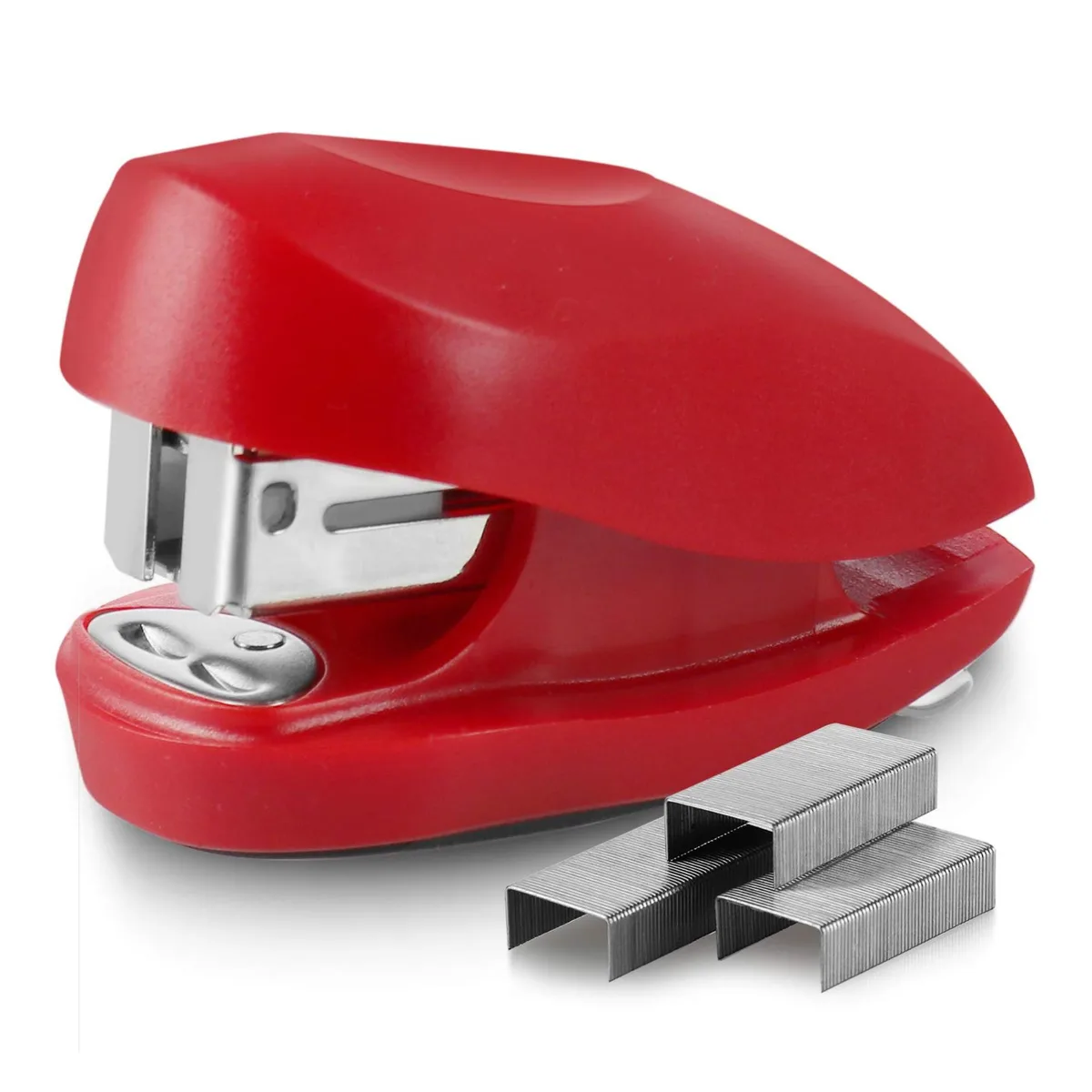 Red mini stapler with built-in remover and staple storage
