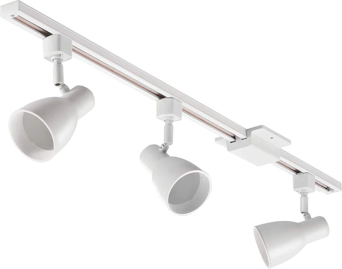 White three-head metal track lighting kit with step baffle shades