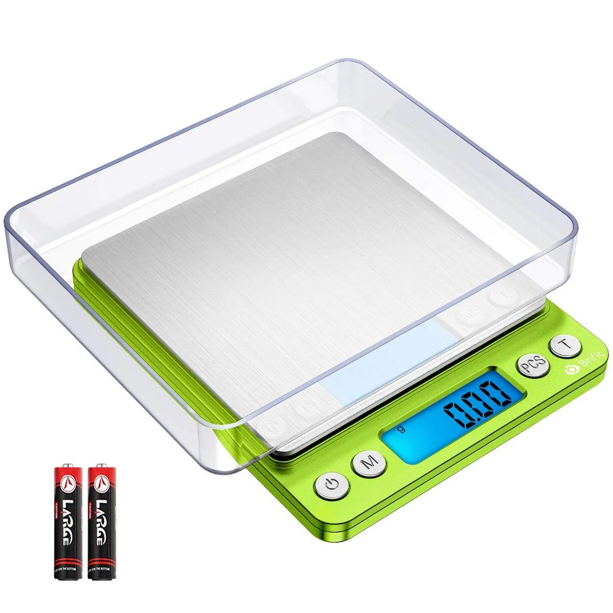 Green AMIR KA8G pocket scale with stainless steel platform, blue backlit LCD, two trays