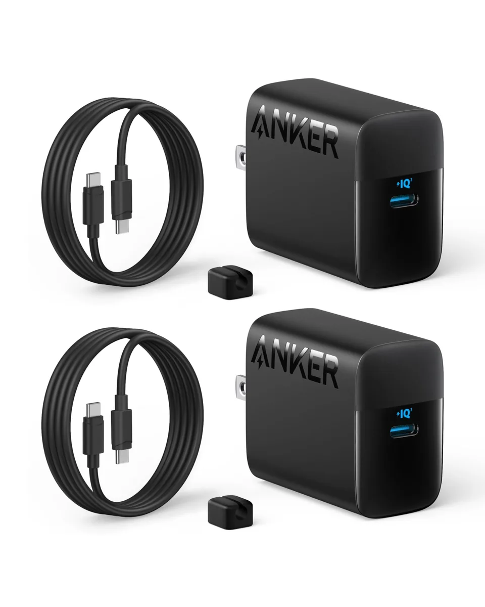 Two white compact USB-C chargers with two long white cables and cable organizers