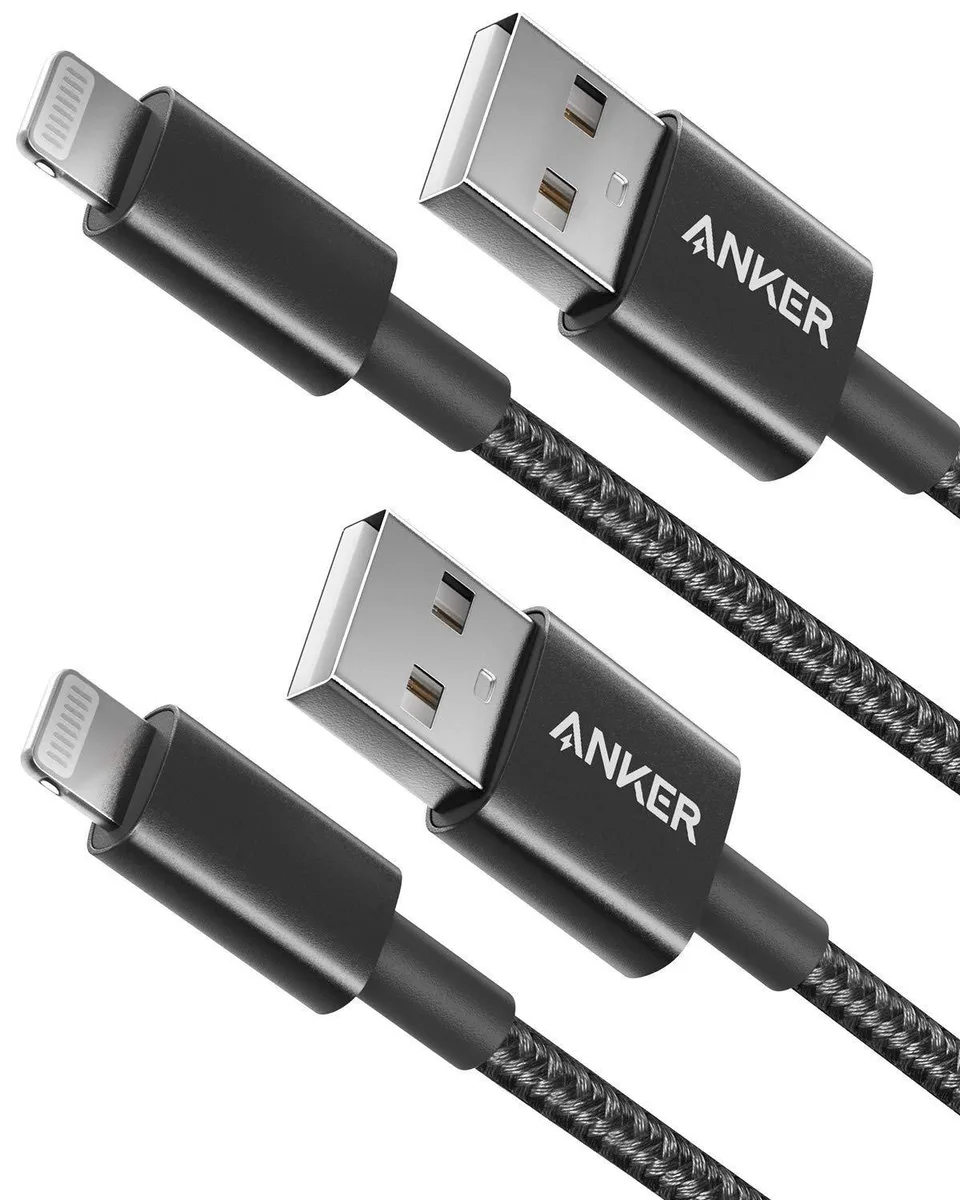 Two black nylon USB-A to Lightning cables coiled together