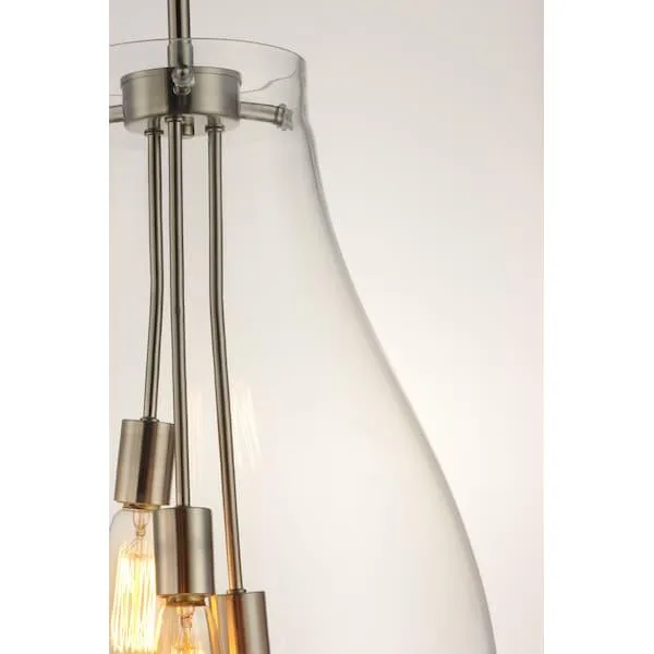 Three hand-blown clear glass gourd pendants with satin nickel hardware, 15.75 inches wide