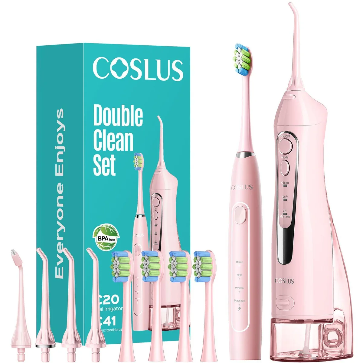 Pink 2-in-1 oral care kit with water flosser unit and electric toothbrush handle
