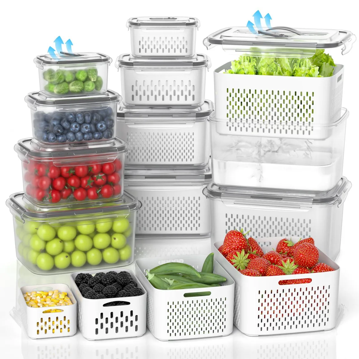 Red stackable food storage containers with vented lids and removable colanders, ten-piece set