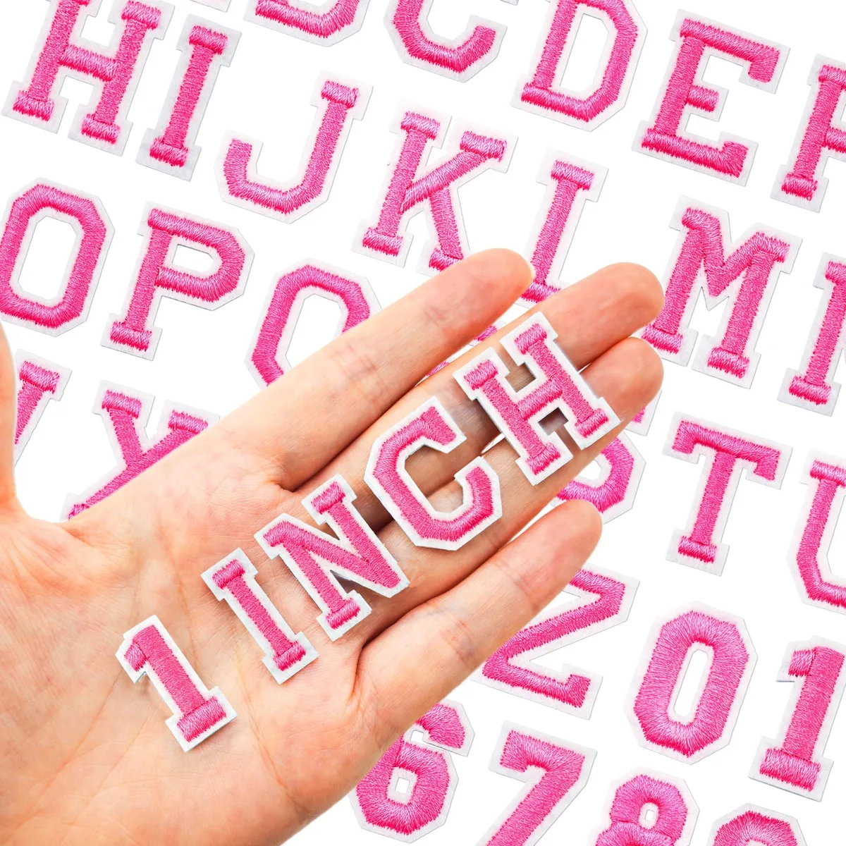 Pink embroidered iron-on letters and numbers, 108 pieces in a set