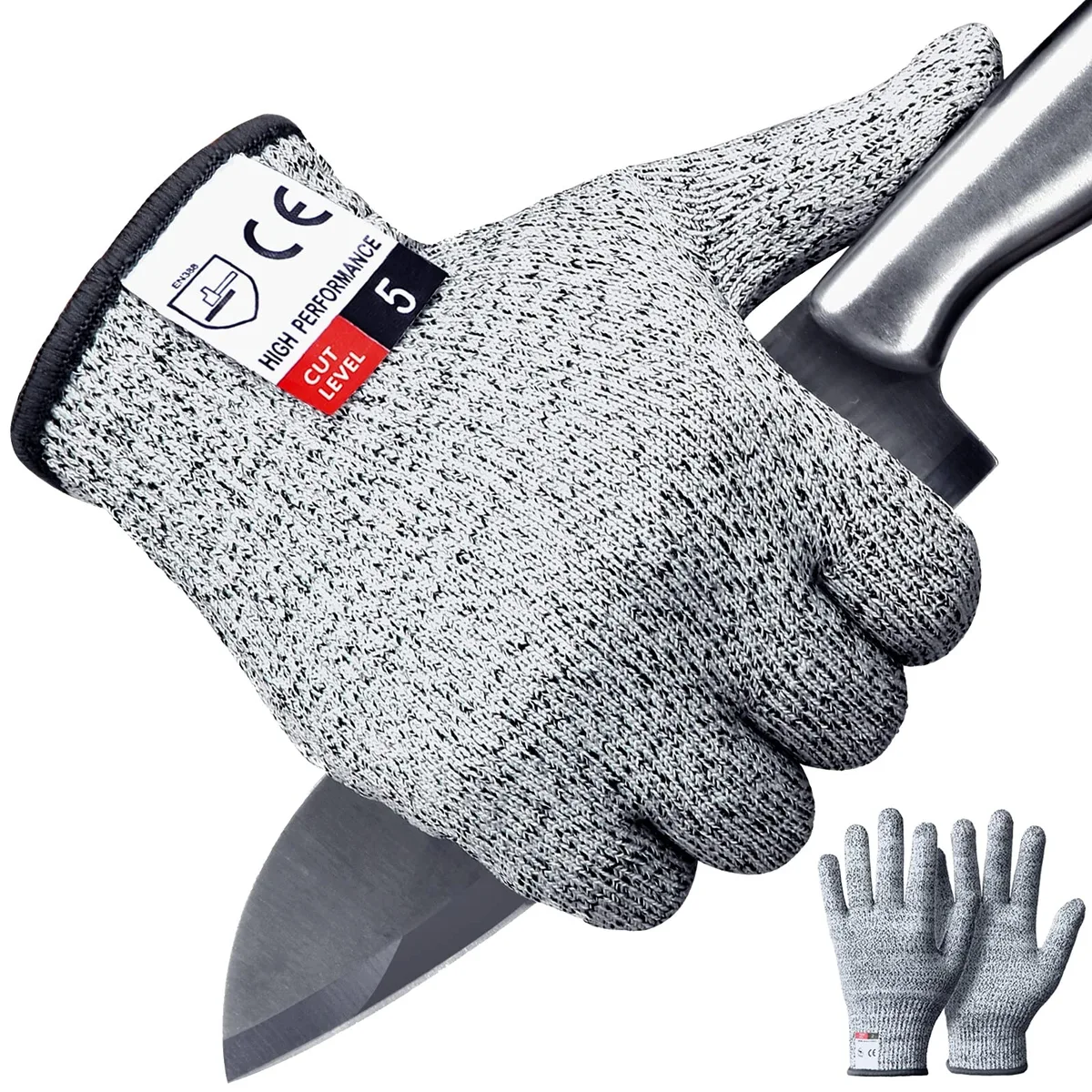Pair of gray cut-resistant gloves size 8 laid flat showing knitted acrylic texture