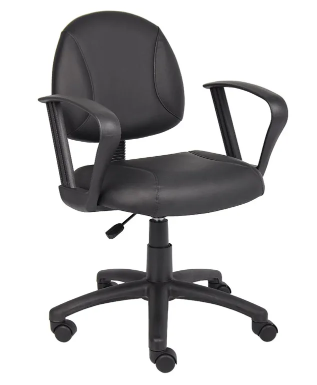Black task chair with leather-plus upholstery, loop arms, five-star nylon base and hooded casters