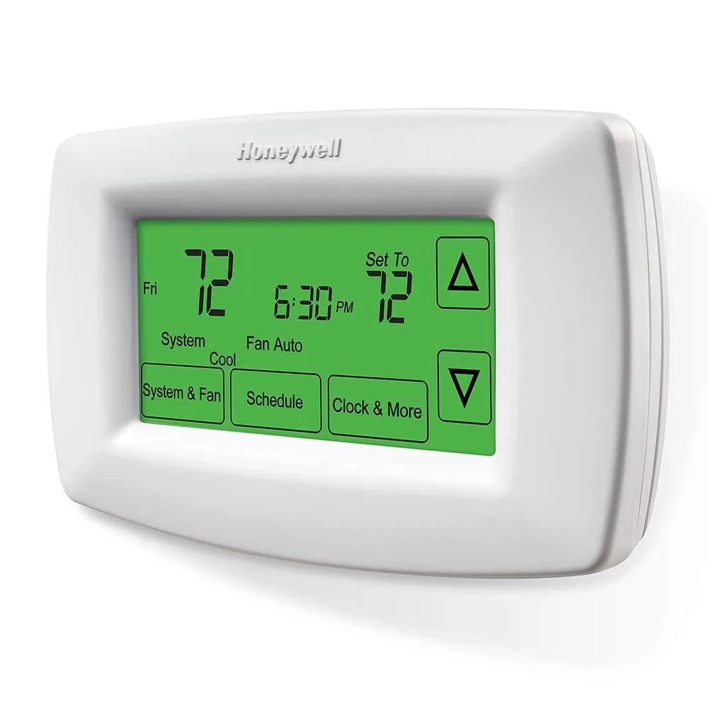 White rectangular thermostat with large backlit touchscreen display
