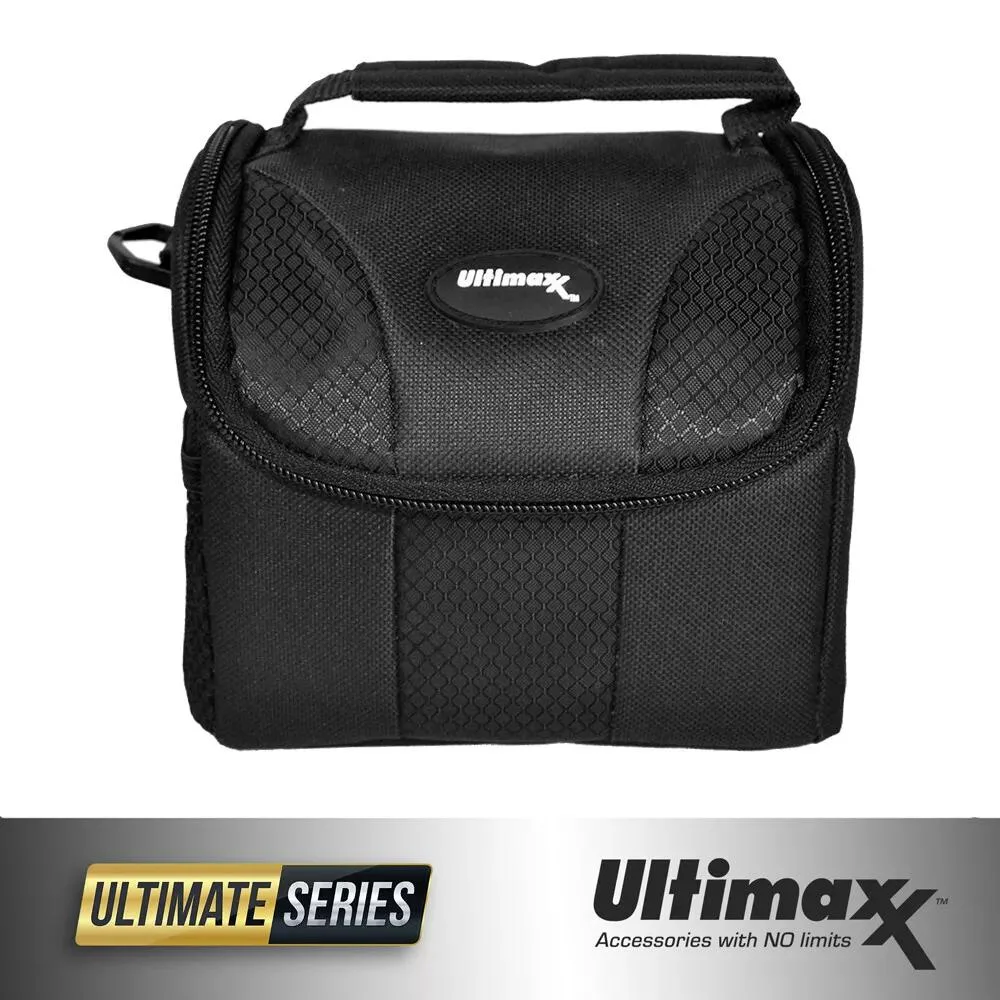 Small black padded camera case with handle and shoulder strap