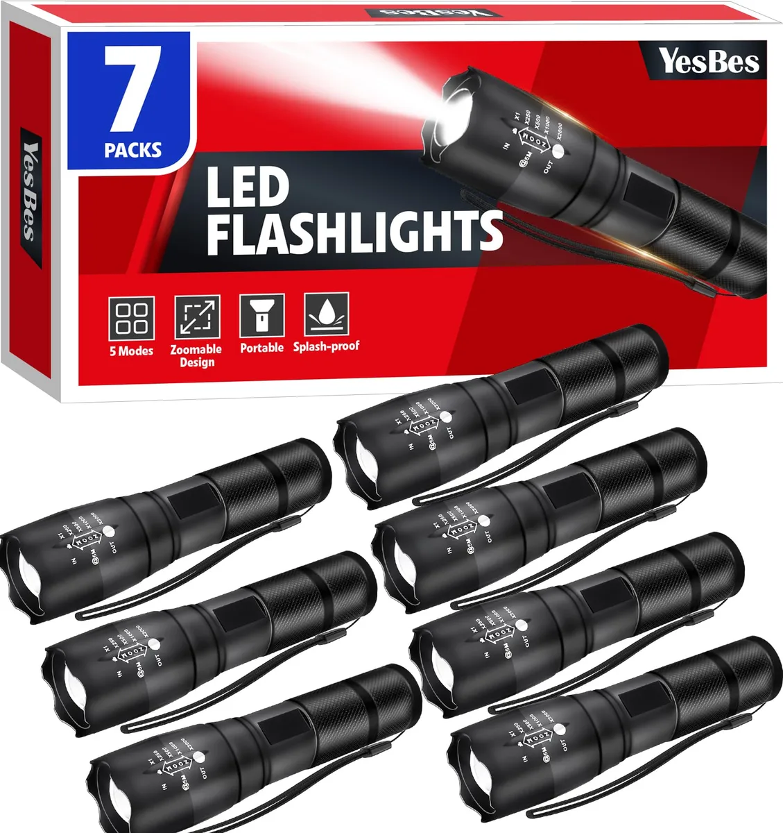 Seven small aluminium flashlights with zoomable heads lying together