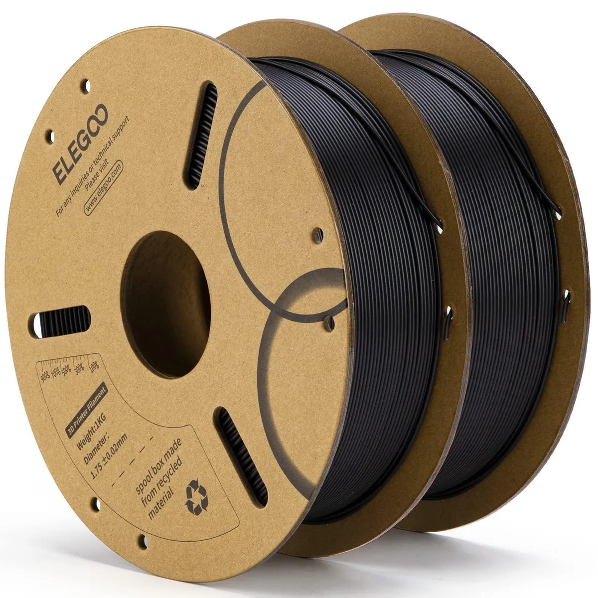 Two black 1 kg PLA filament spools on cardboard cores