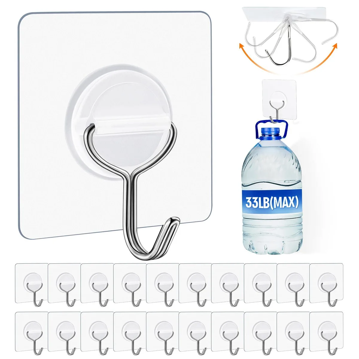 Transparent adhesive wall hooks in a 24 pack, stainless steel and PVC, clear finish, 0.75 mm adhesive layer, 180 degree rotating design