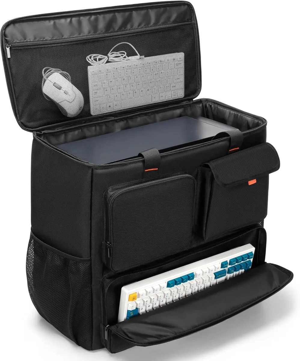 Rectangular black nylon backpack with padded straps, top handle, front zip pockets and mesh side pockets