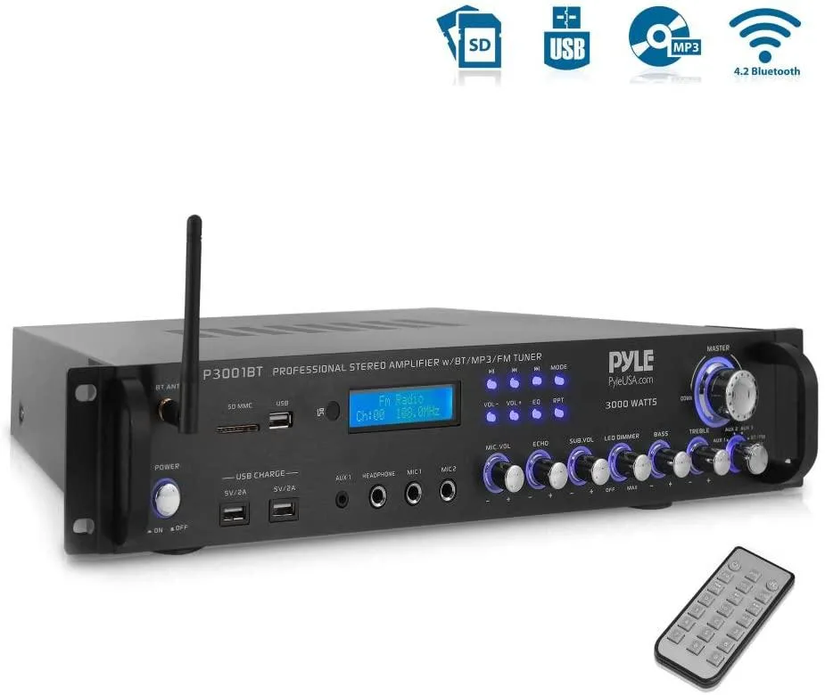 Black rectangular home audio amplifier with front panel knobs and blue LED display