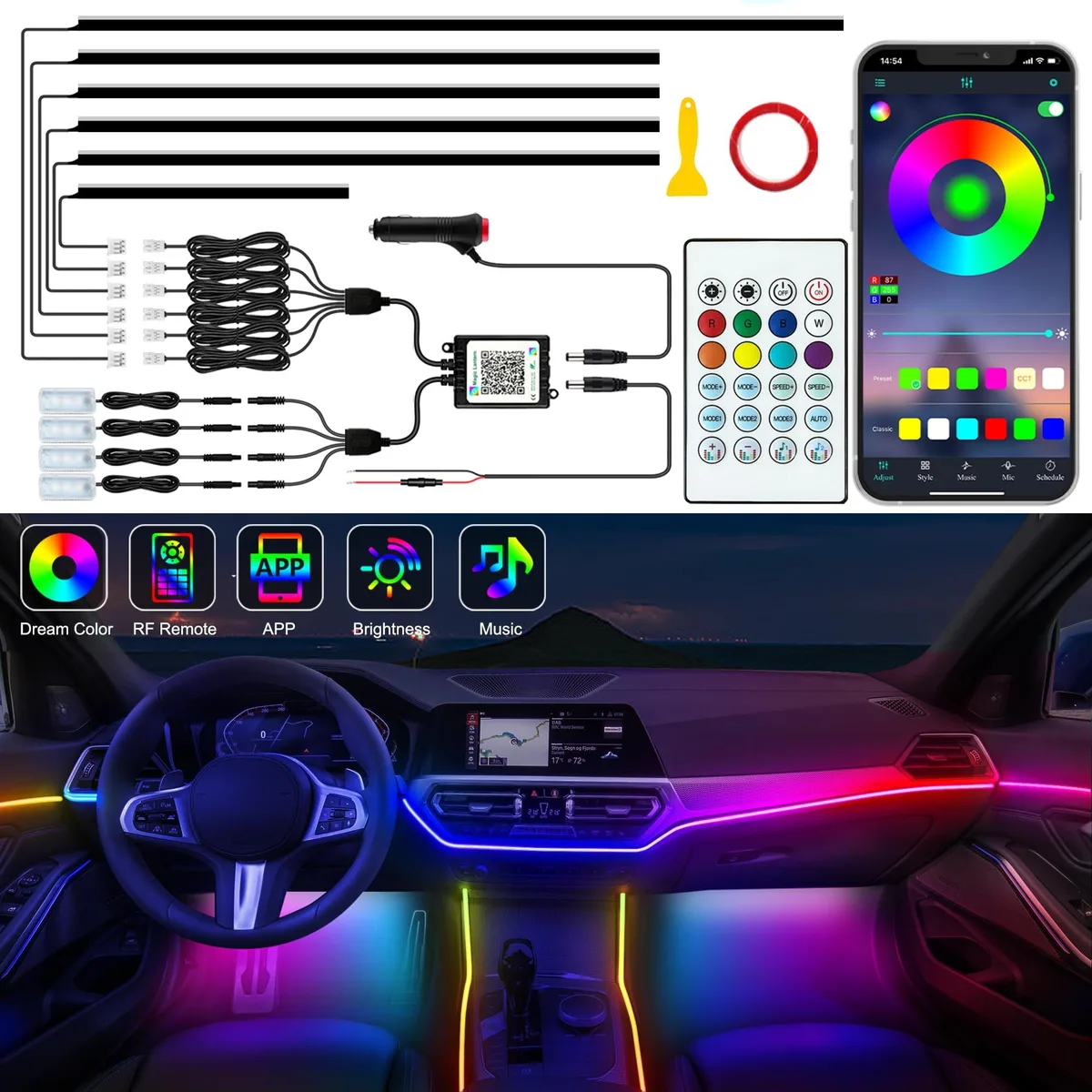 Ten acrylic light strips with embedded LEDs, app and RF remote shown