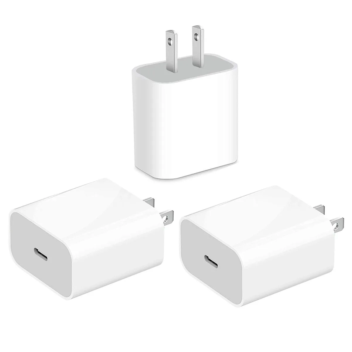 Three compact white USB-C wall chargers side by side