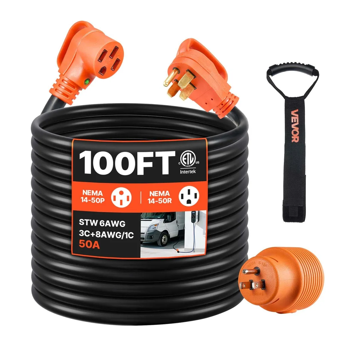 VEVOR VEVOR 100 ft 50 A 125 V 7500 W RV Extension Cord with LED Indicator, Handle and 15 A Adapter — product photo