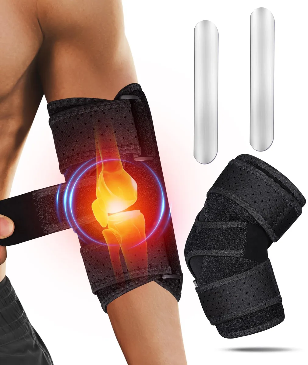 Black neoprene elbow brace with three adjustable hook-and-loop straps and removable splints