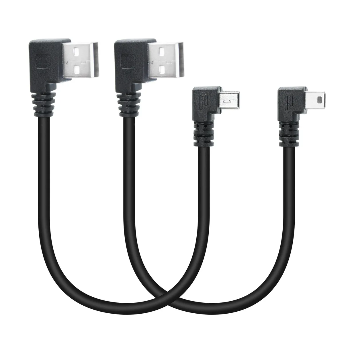 Two short black PVC cables with right-angled Mini USB plugs, one left one right