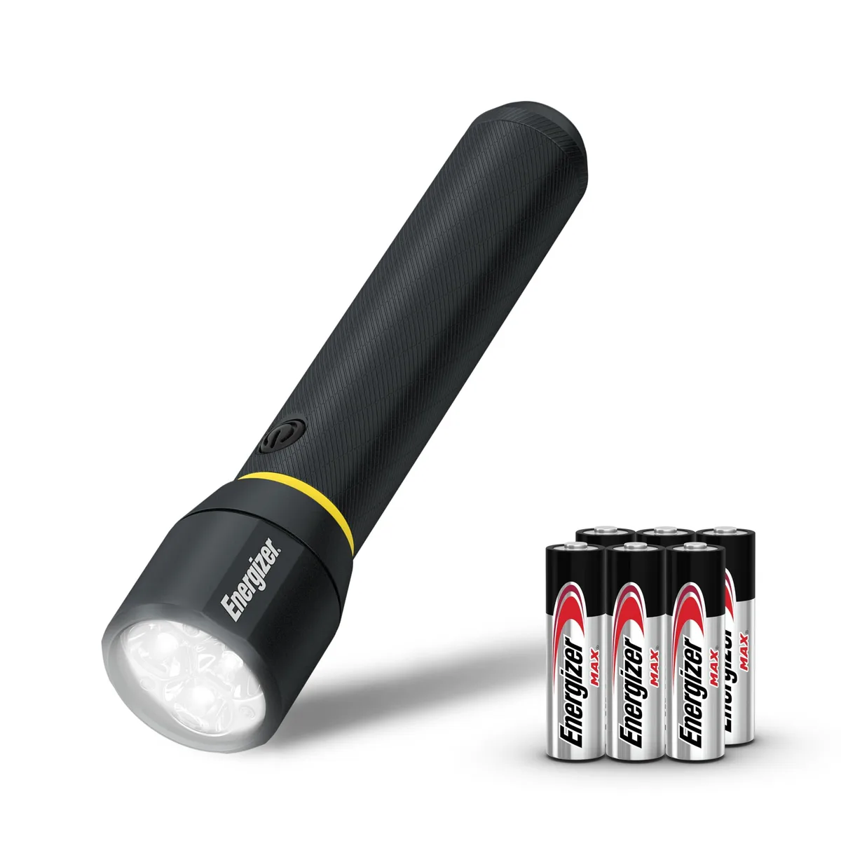 Black metal flashlight, rectangular body, digital focus, includes six AA batteries
