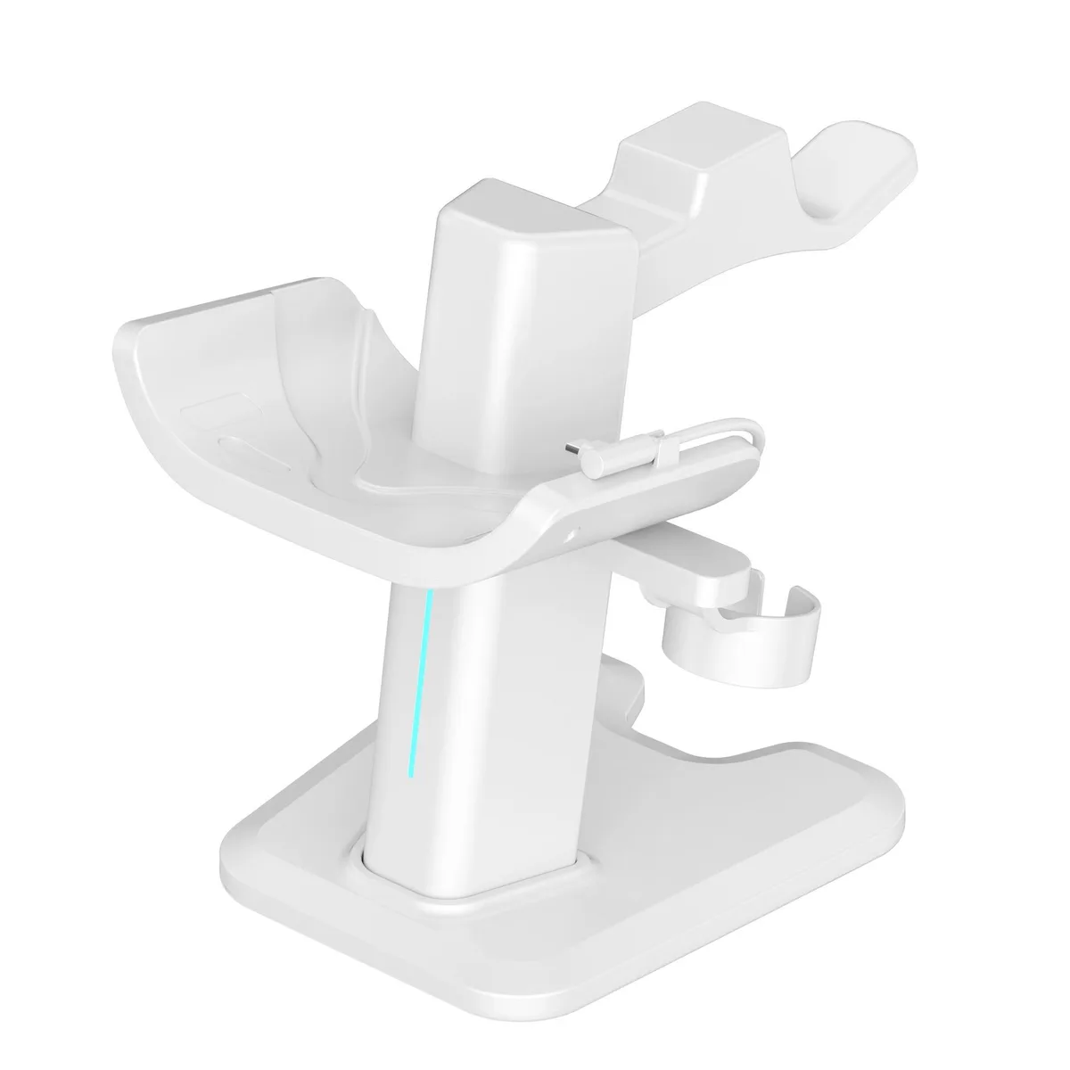 White VR charging stand with matte finish, headset cradle, controller slots and RGB light ring