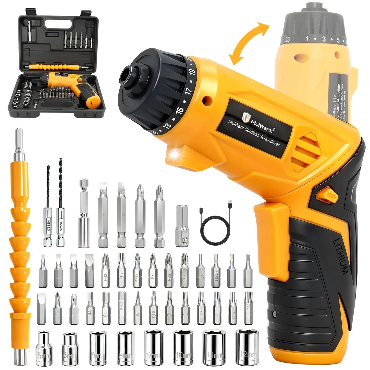 Compact 4V cordless screwdriver in carrying case with 46-piece bit set