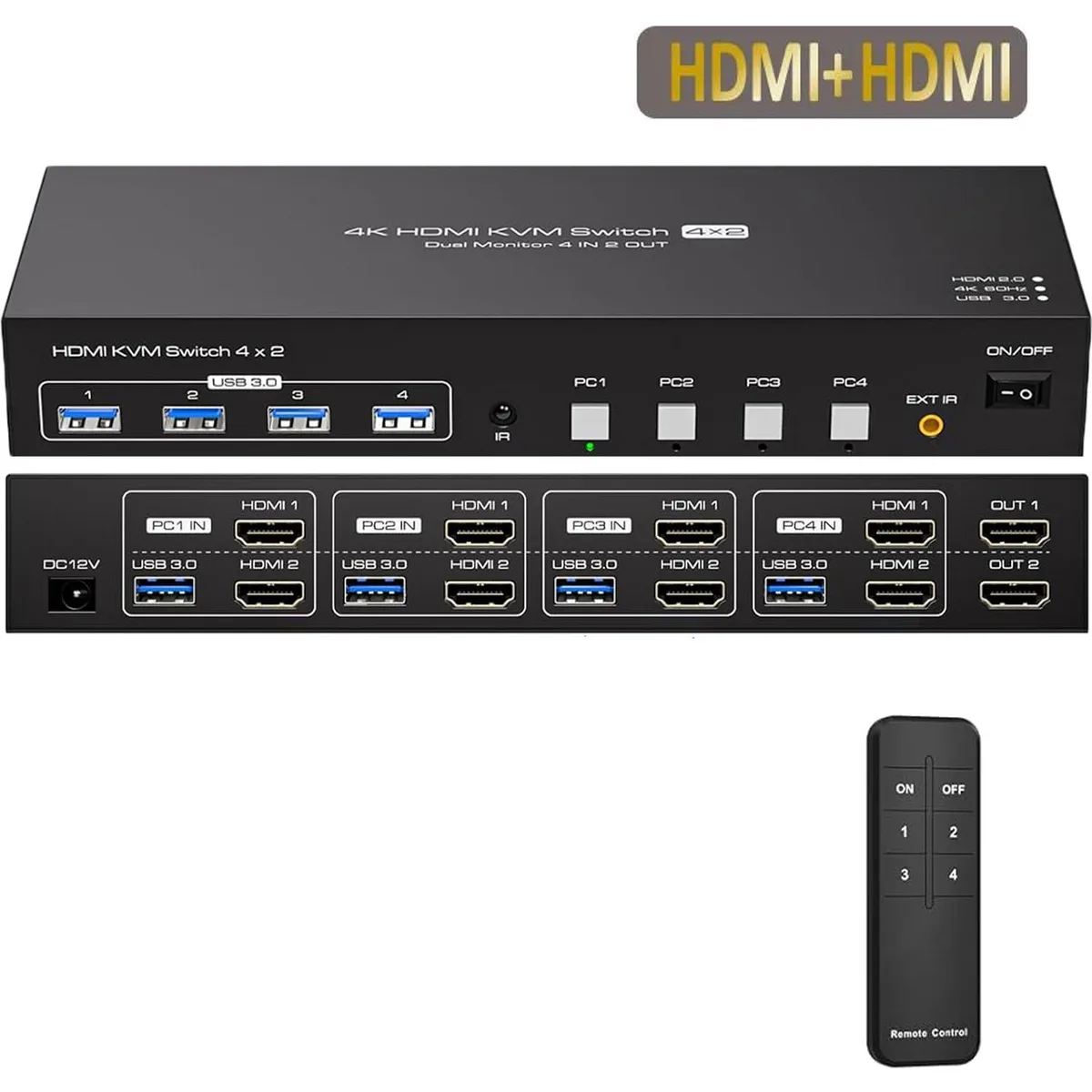 Jansicotek Jansicotek SW242-2HD 4K 60Hz 4 Port 2 Monitor KVM Switch — product photo