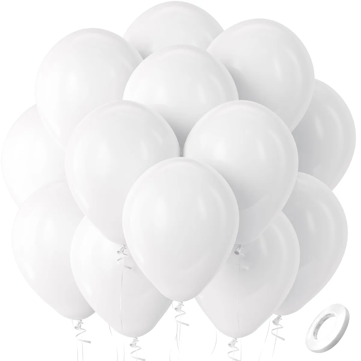 Pack of 100 white latex balloons with ribbon