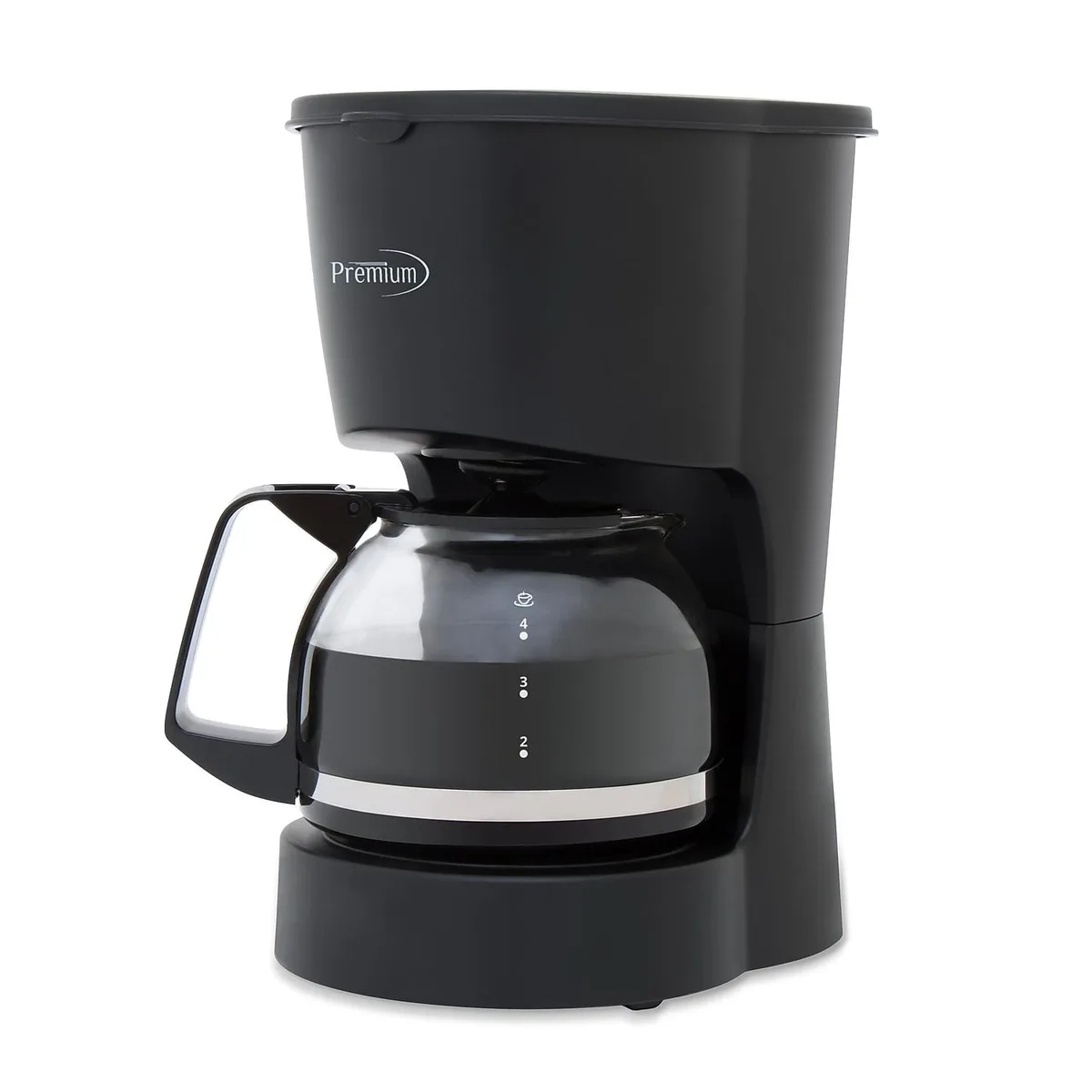 Compact black 4-cup coffee maker with glass carafe, warming plate and reusable filter