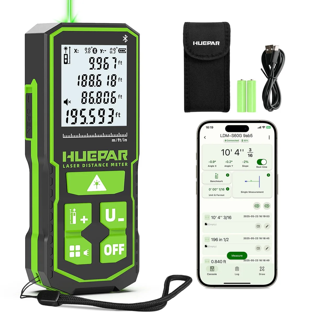  Huepar Bluetooth Green Beam Laser Measure 200ft IP54 ±1/16" APP Control 1200mAh USB-C — product photo