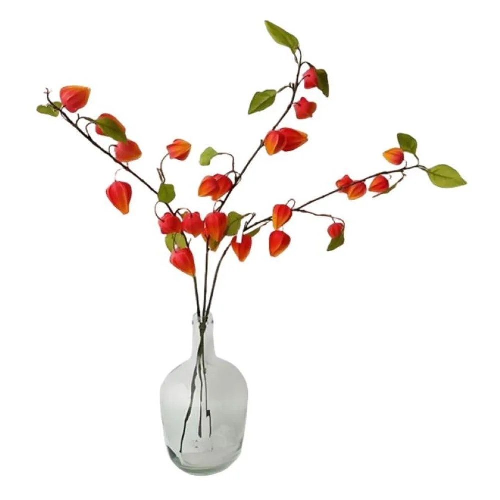 Three bouquets of orange-red silk lantern flowers, 34.25 inches tall, wire stems, foam centres, in a box