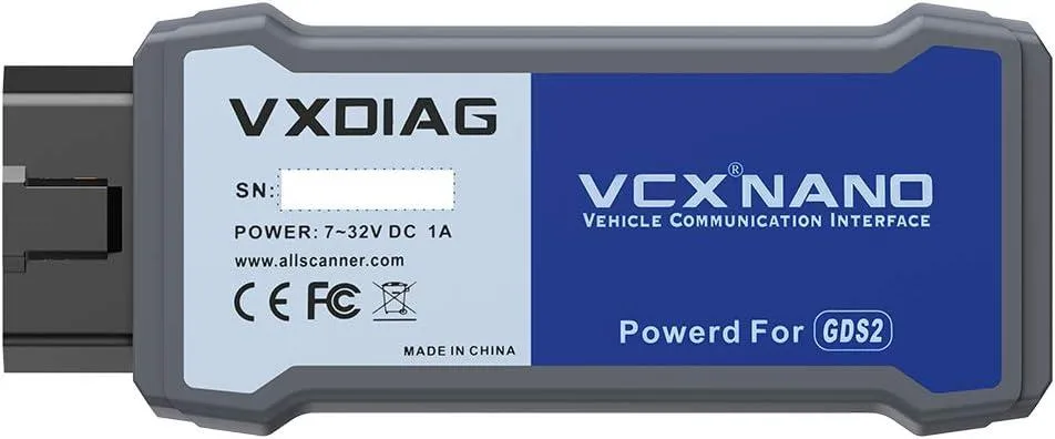 Compact rectangular diagnostic interface, matte black plastic housing, USB cable attached