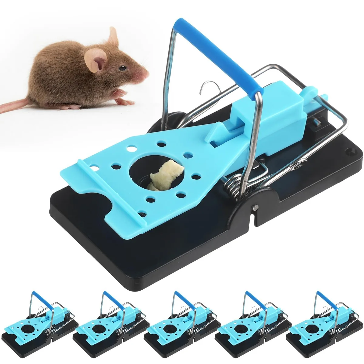 Six black and blue plastic mouse traps with detachable parts, 9.7 by 4.6 by 5.5 cm each