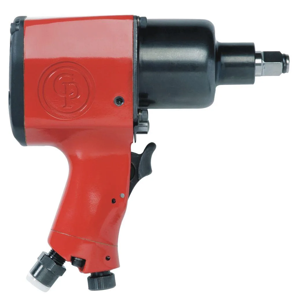 Silver pistol-grip air impact wrench with black handle grip and bottom exhaust port