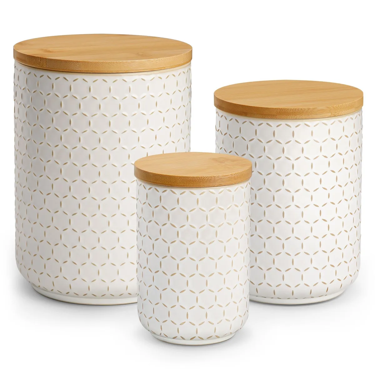 Three red ceramic hexagonal canisters with wooden lids, 20, 40 and 80 oz