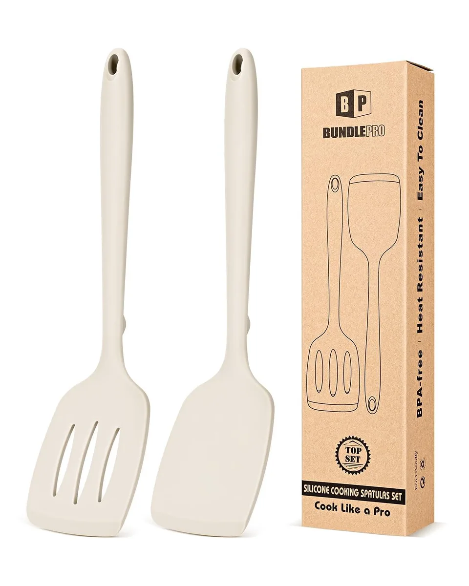 Two khaki silicone spatulas, one slotted one solid, rectangular heads with hanging holes