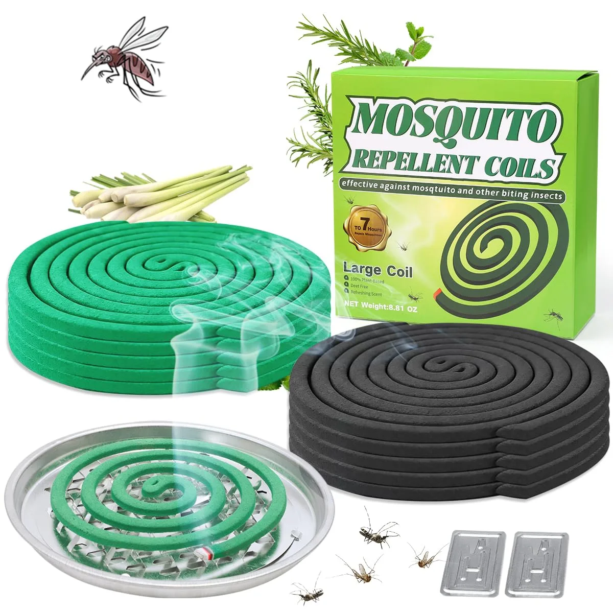 Boxed set of twenty citronella coils with metal holder and two stands