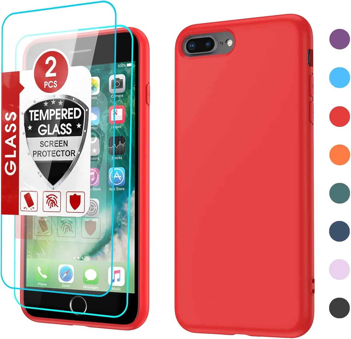 Red liquid silicone case with microfiber lining and two tempered glass screen protectors for iPhone 7 Plus or 8 Plus