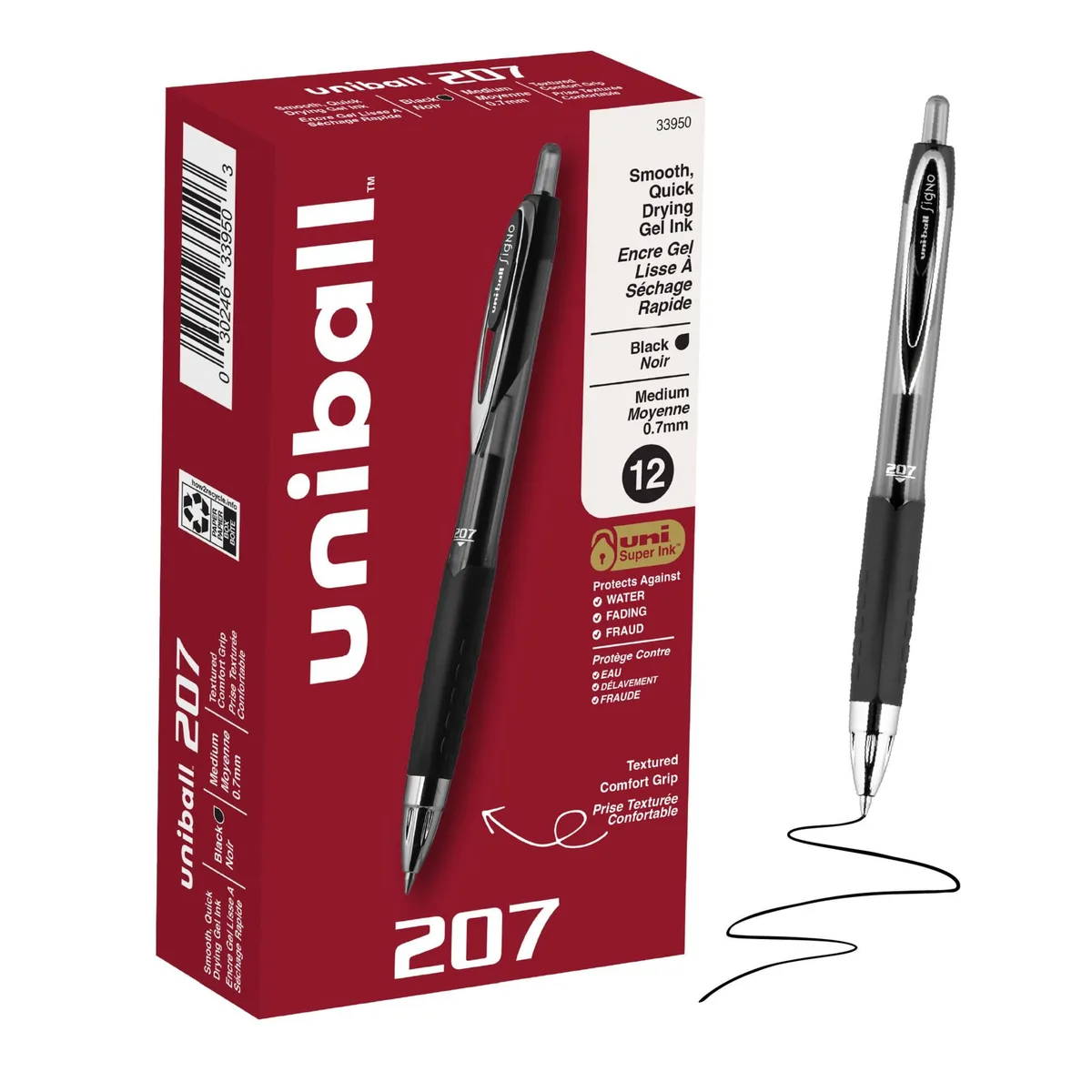 Twelve black retractable gel pens with textured rubber grips and clips