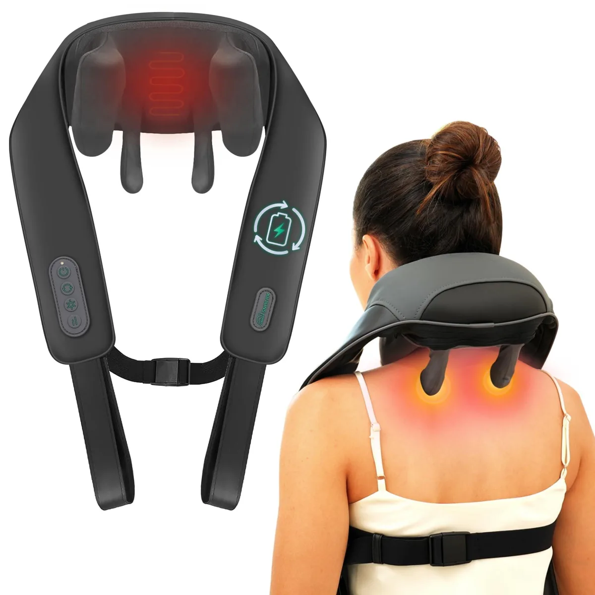 Black cordless neck massager with adjustable strap, 30 x 12 x 55 cm, 1.2 kg