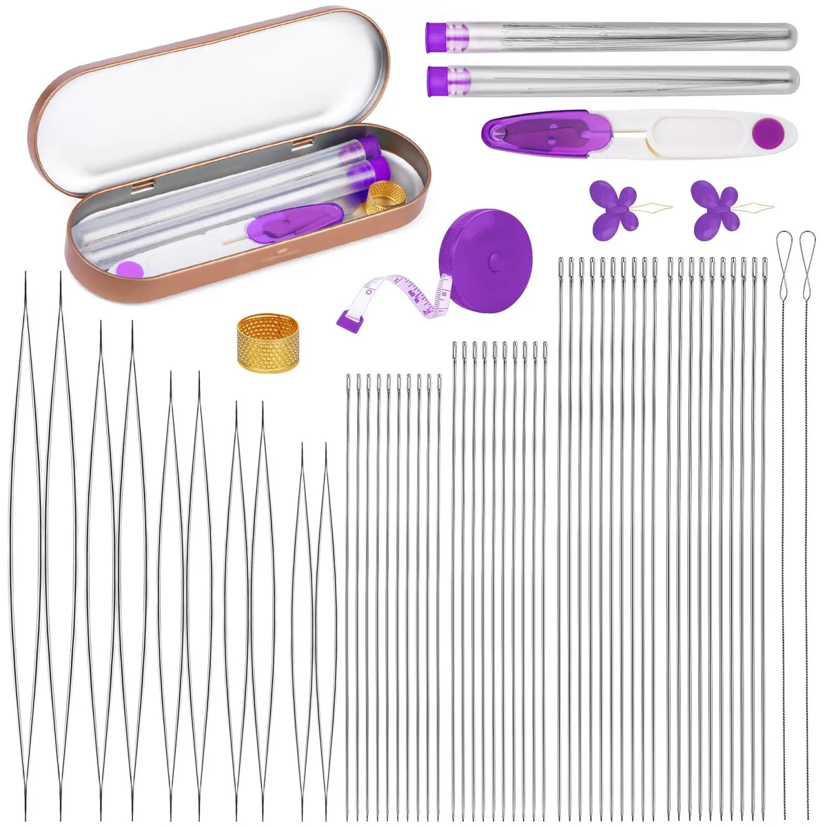 White boxed set of 60 stainless steel beading needles in 10 sizes with tubes, threader, scissors and ruler