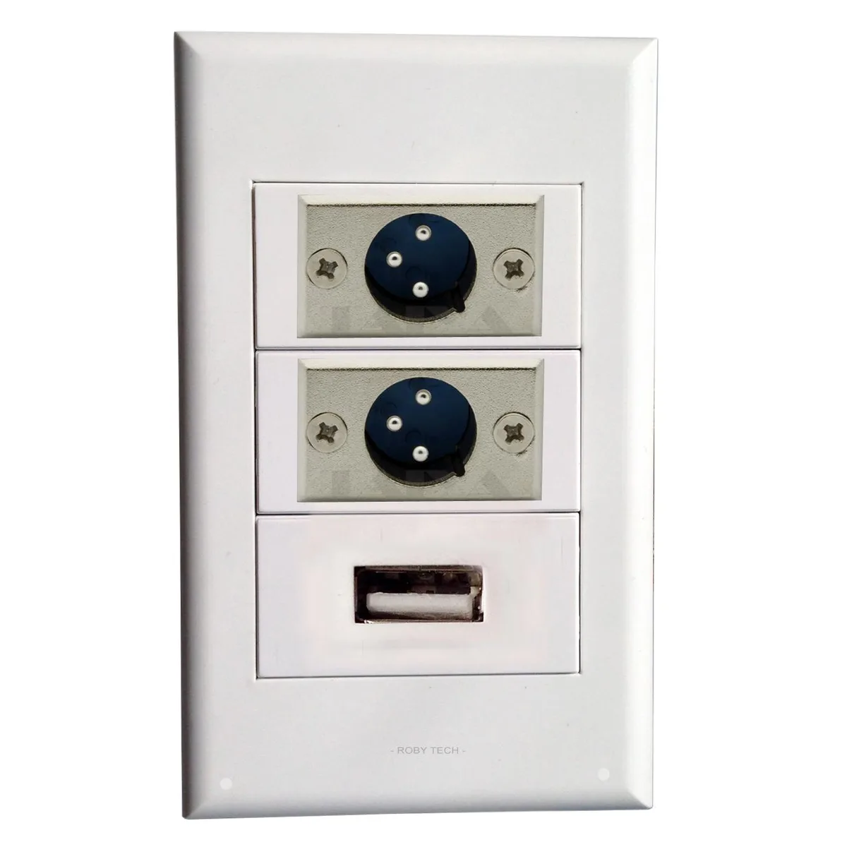 Roby Technology Co., Limited Roby Technology Co., Limited XLR+XLR+USB Wall Plate White 118x72mm — product photo