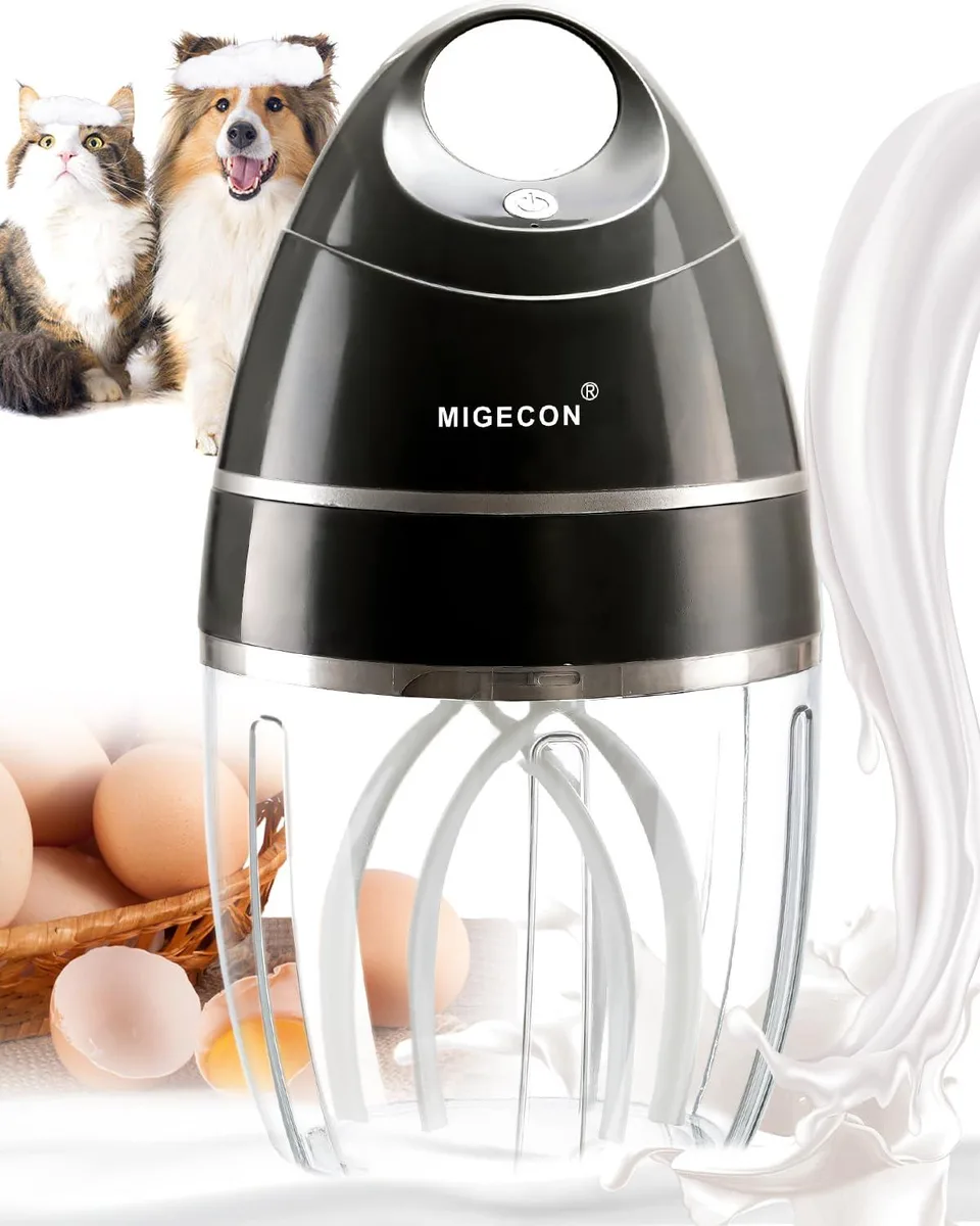 Grey portable stand mixer with 900ml container and USB charging cable