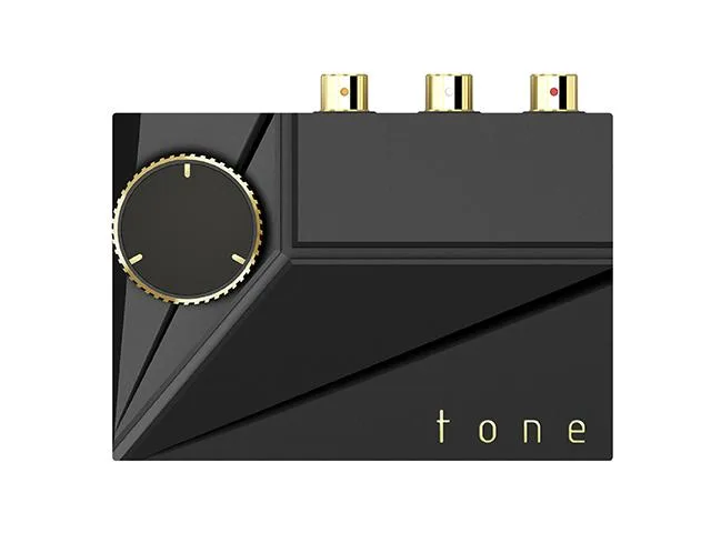 Small silver aluminium box with volume knob, balanced RCA outputs and two USB-C ports